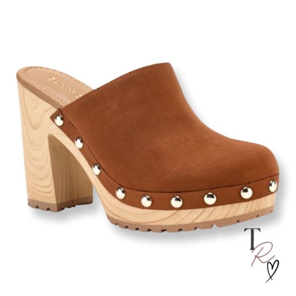 Sun + Stone Shoes - Sun + Stone Taanya Platform Clog Mules Studded in Brown Micro Suede Size 11